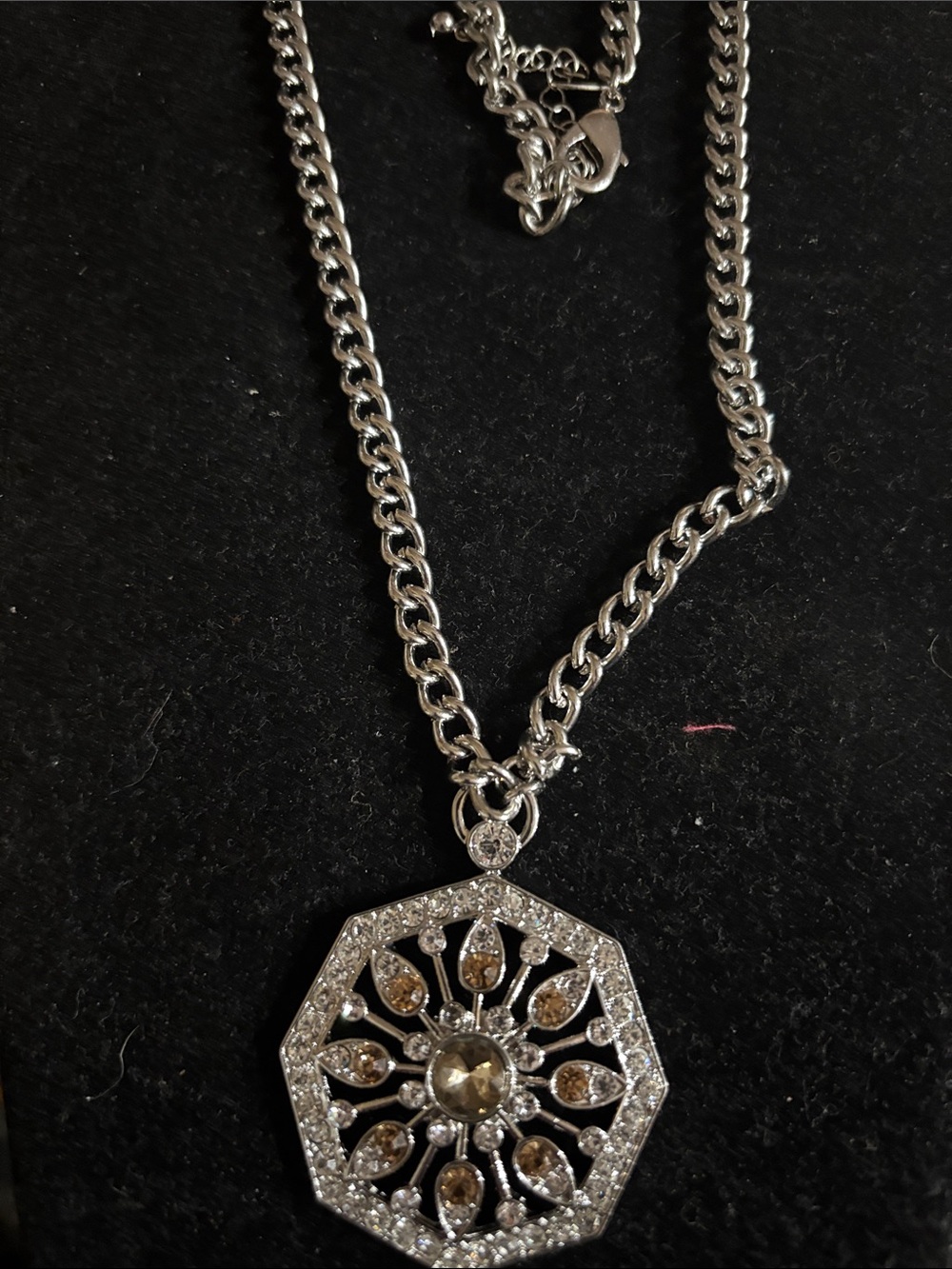 Chicos Silver Tone Women’s Brown Crystal Octagon Pendant long Necklace